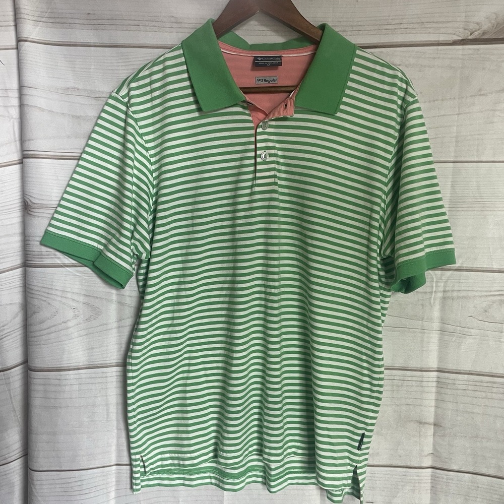 Colombia PFG Men's Polo Shirt Green and White Striped Size Medium